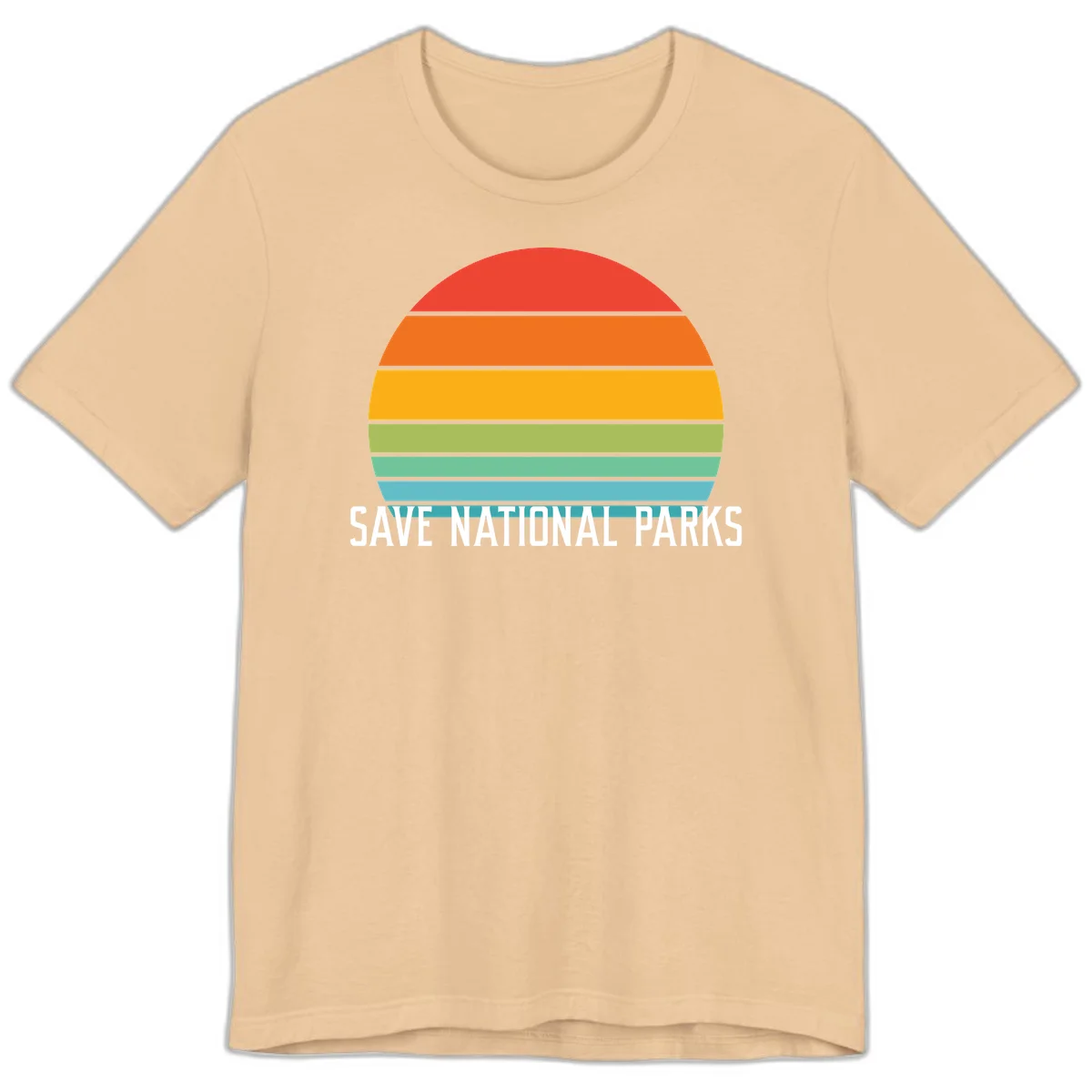 Retro layered sunset design with save national parks text in white, featuring horizontal color bands in red, orange, yellow, green, and blue. in Sand Dune
