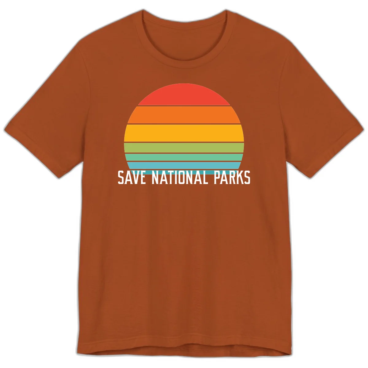 Retro layered sunset design with save national parks text in white, featuring horizontal color bands in red, orange, yellow, green, and blue. in Autumn