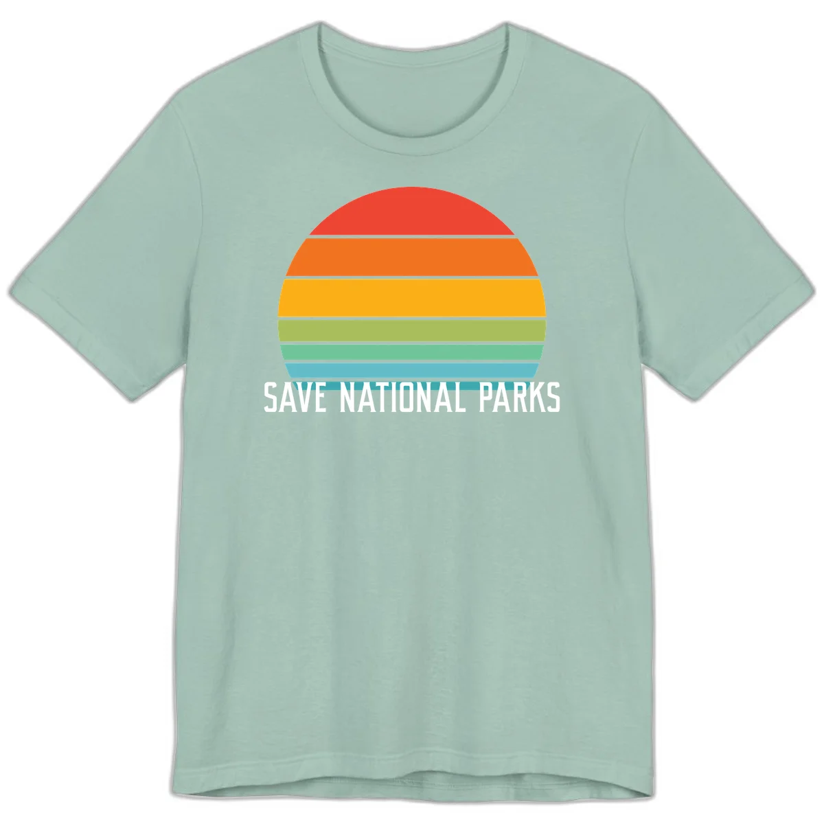 Retro layered sunset design with save national parks text in white, featuring horizontal color bands in red, orange, yellow, green, and blue. in Dusty Blue