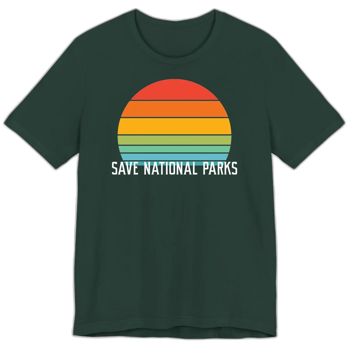 Retro layered sunset design with save national parks text in white, featuring horizontal color bands in red, orange, yellow, green, and blue. in Forest