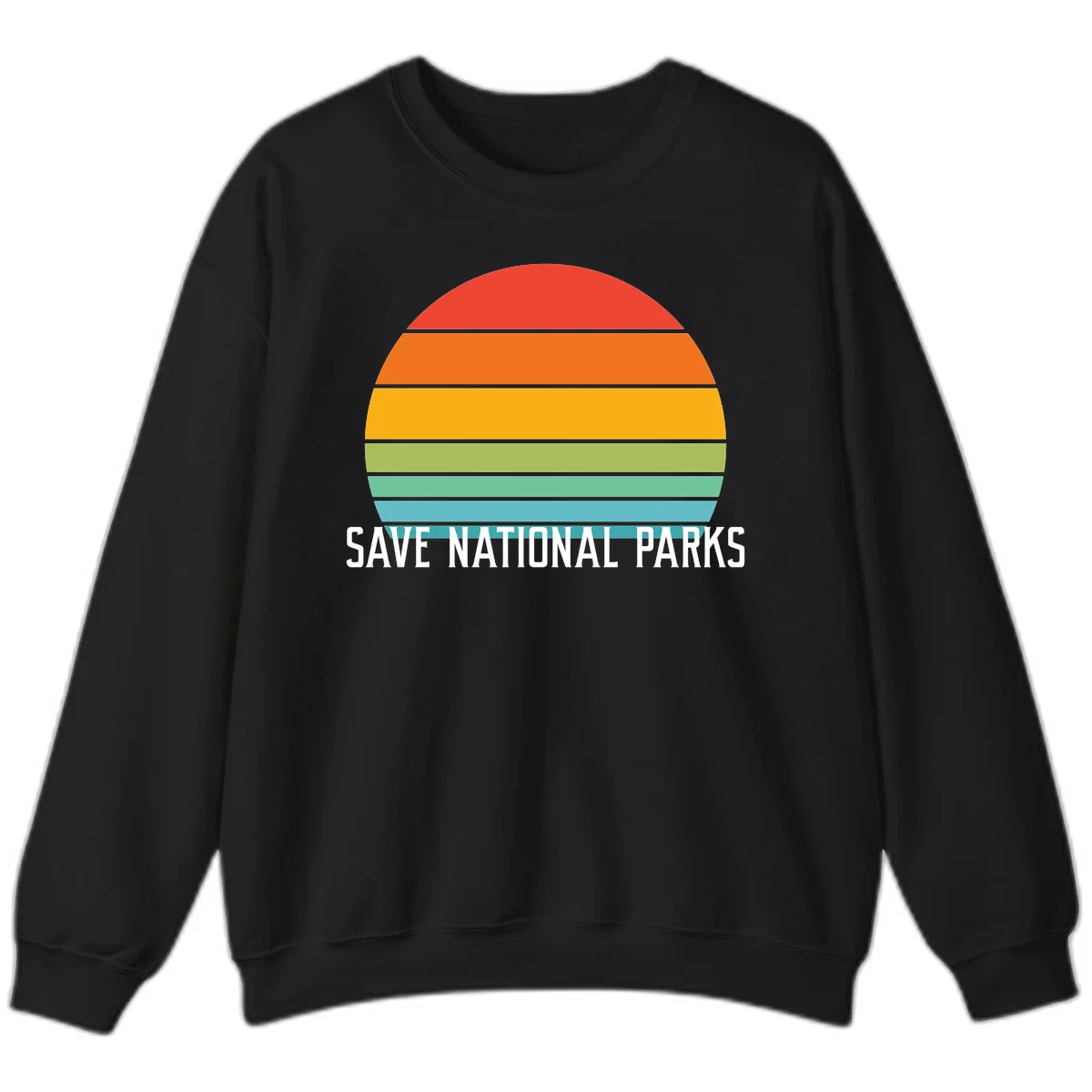 Retro layered sunset design with save national parks text in white, featuring horizontal color bands in red, orange, yellow, green, and blue. in Black