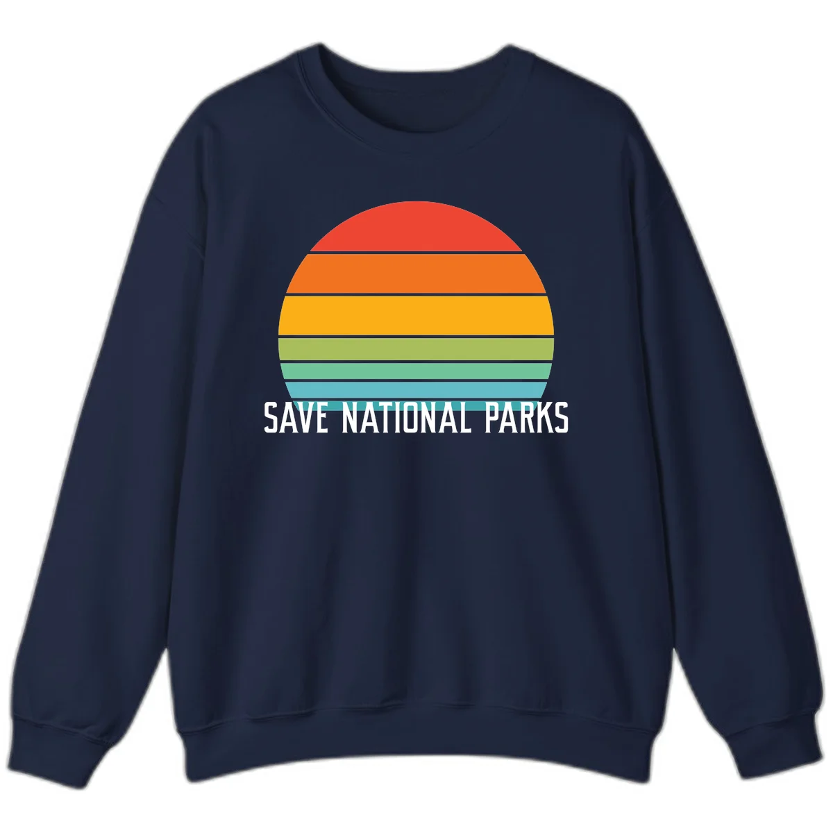 Retro layered sunset design with save national parks text in white, featuring horizontal color bands in red, orange, yellow, green, and blue. in Navy