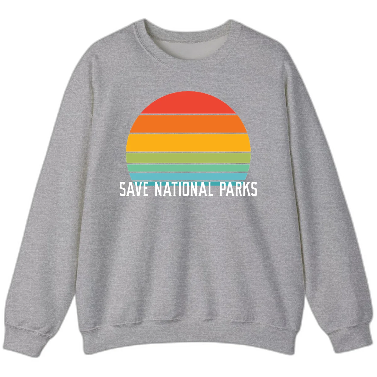 Retro layered sunset design with save national parks text in white, featuring horizontal color bands in red, orange, yellow, green, and blue. in Sport Grey