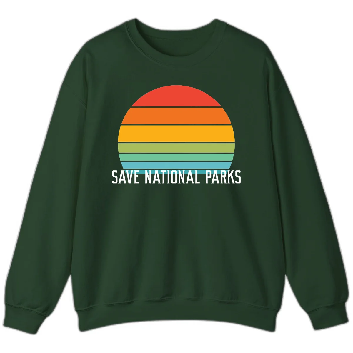 Retro layered sunset design with save national parks text in white, featuring horizontal color bands in red, orange, yellow, green, and blue. in Forest Green