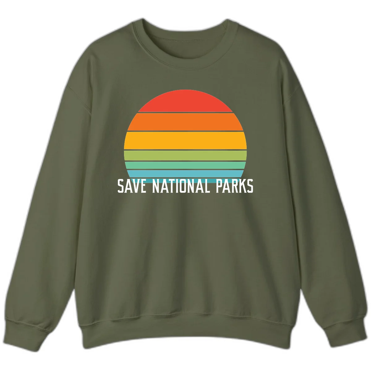 Retro layered sunset design with save national parks text in white, featuring horizontal color bands in red, orange, yellow, green, and blue. in Military Green
