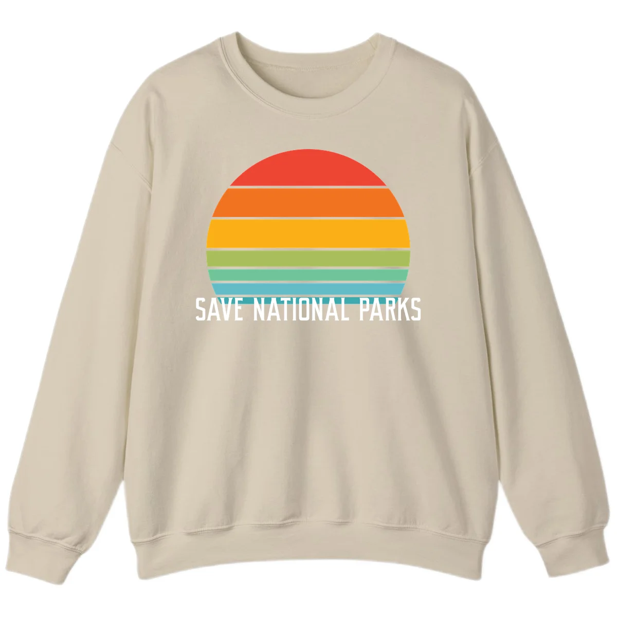 Retro layered sunset design with save national parks text in white, featuring horizontal color bands in red, orange, yellow, green, and blue. in Sand