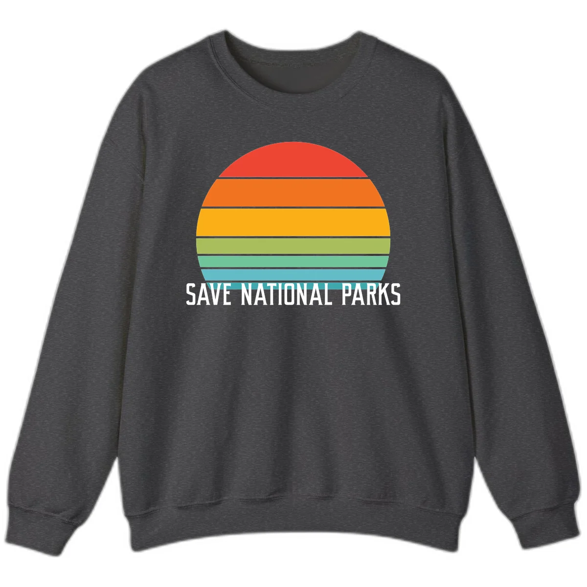 Retro layered sunset design with save national parks text in white, featuring horizontal color bands in red, orange, yellow, green, and blue. in Dark Heather