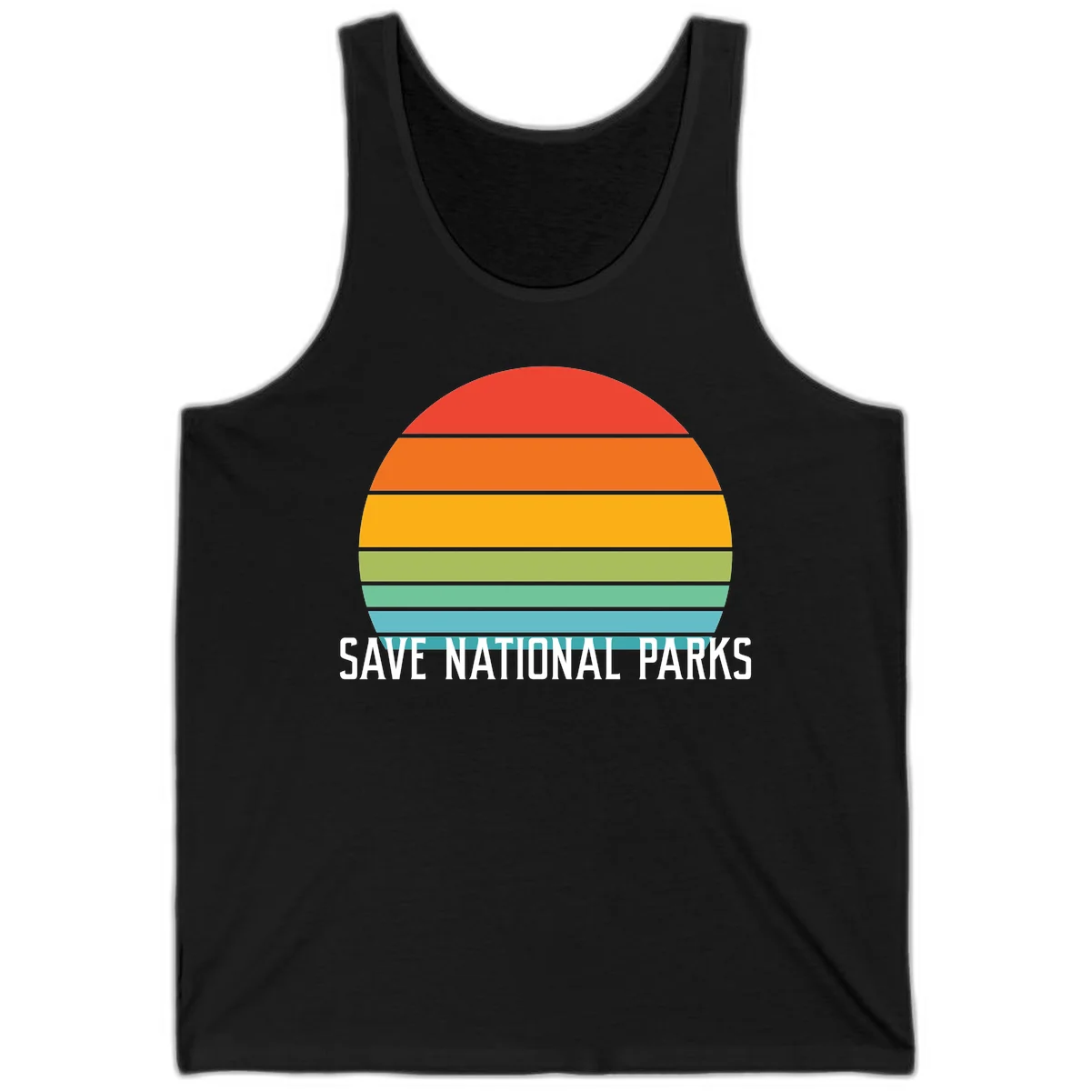Retro layered sunset design with save national parks text in white, featuring horizontal color bands in red, orange, yellow, green, and blue. in Black