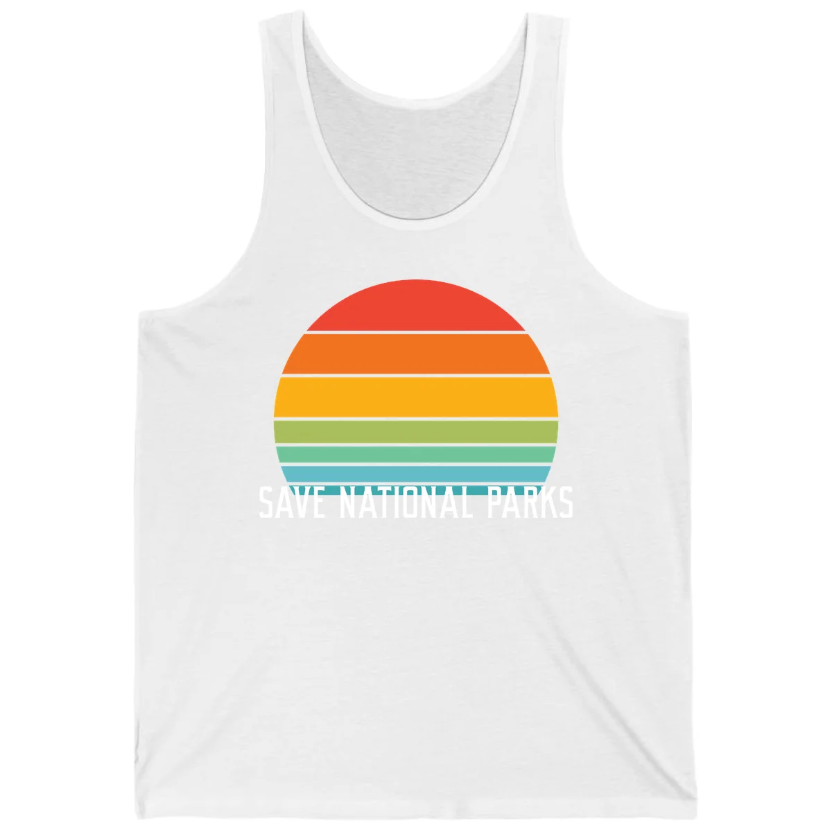 Retro layered sunset design with save national parks text in white, featuring horizontal color bands in red, orange, yellow, green, and blue. in White