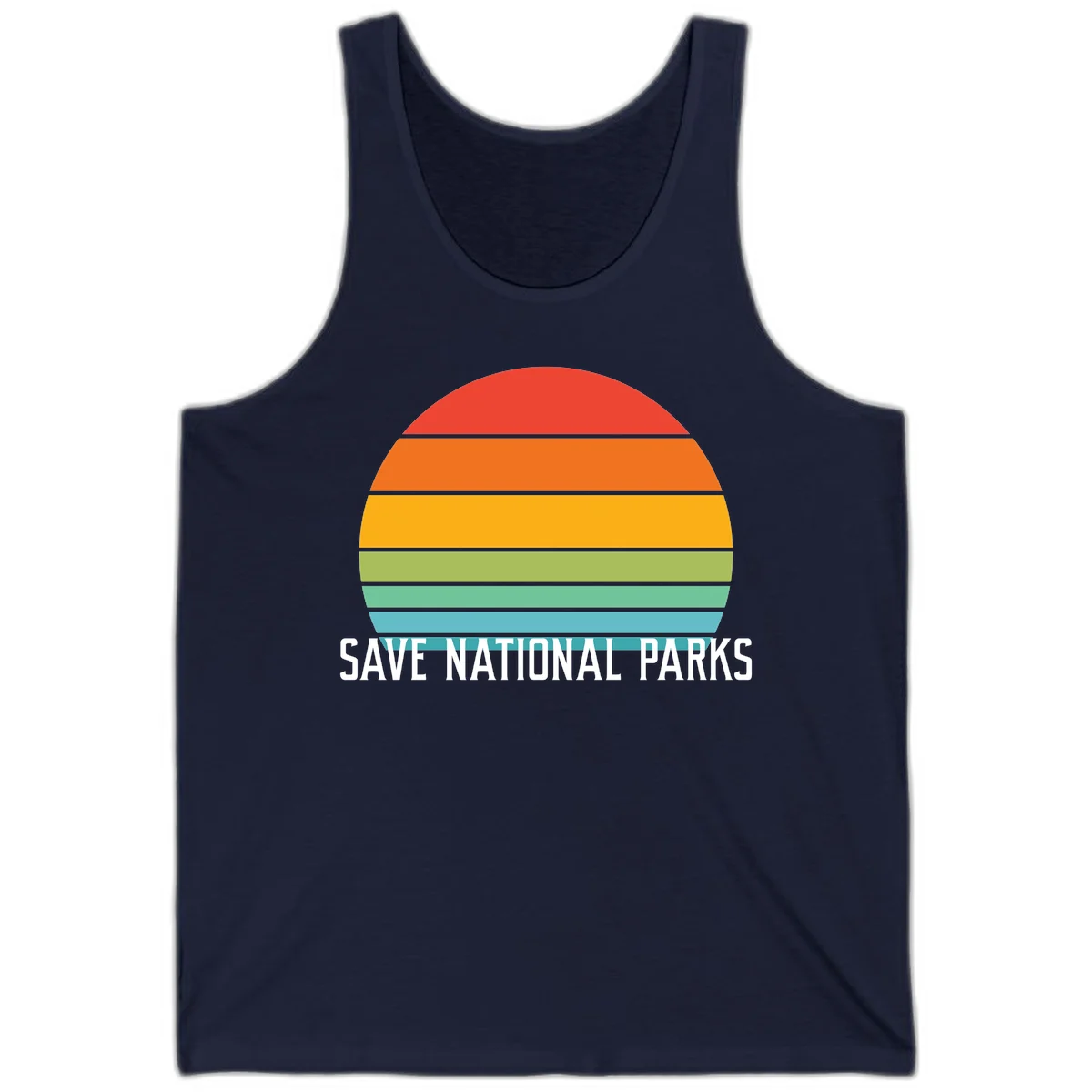 Retro layered sunset design with save national parks text in white, featuring horizontal color bands in red, orange, yellow, green, and blue. in Navy