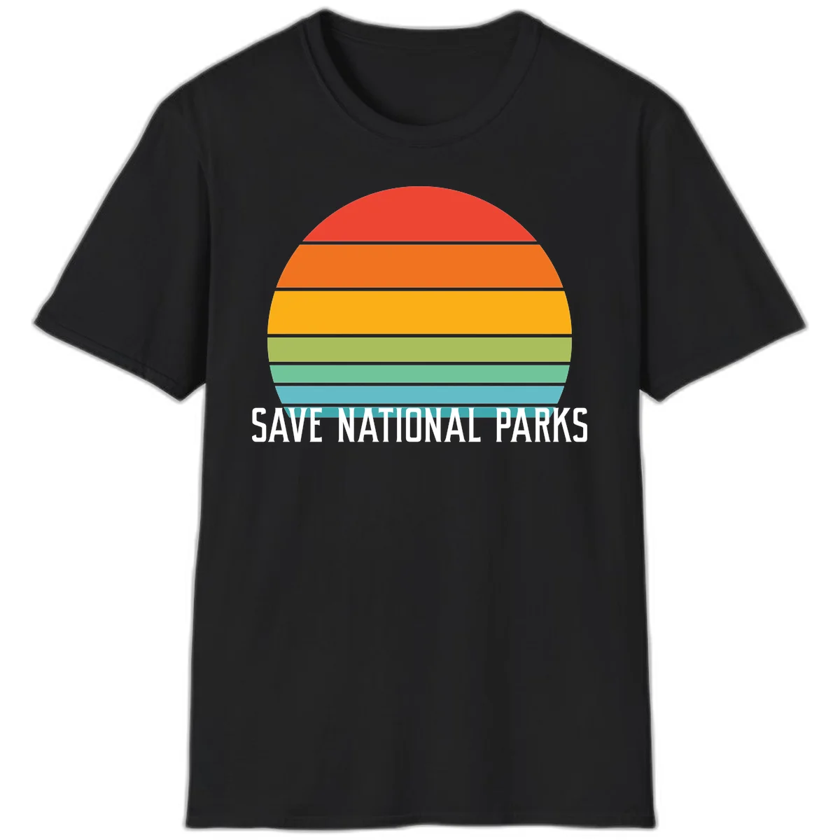Retro layered sunset design with save national parks text in white, featuring horizontal color bands in red, orange, yellow, green, and blue. in Black