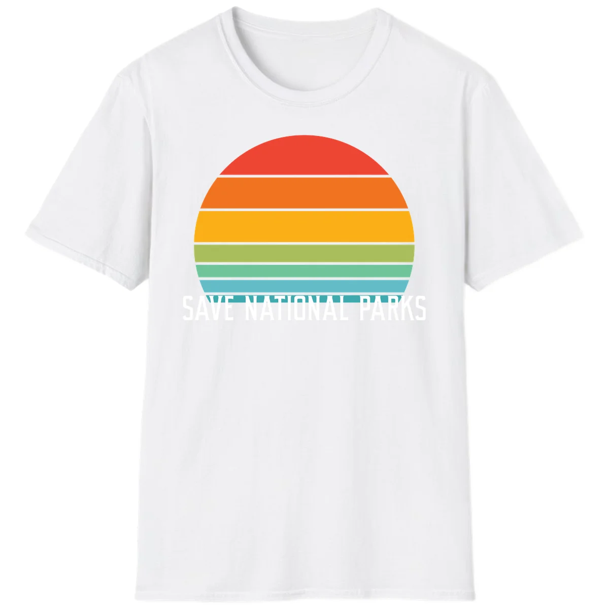 Retro layered sunset design with save national parks text in white, featuring horizontal color bands in red, orange, yellow, green, and blue. in White