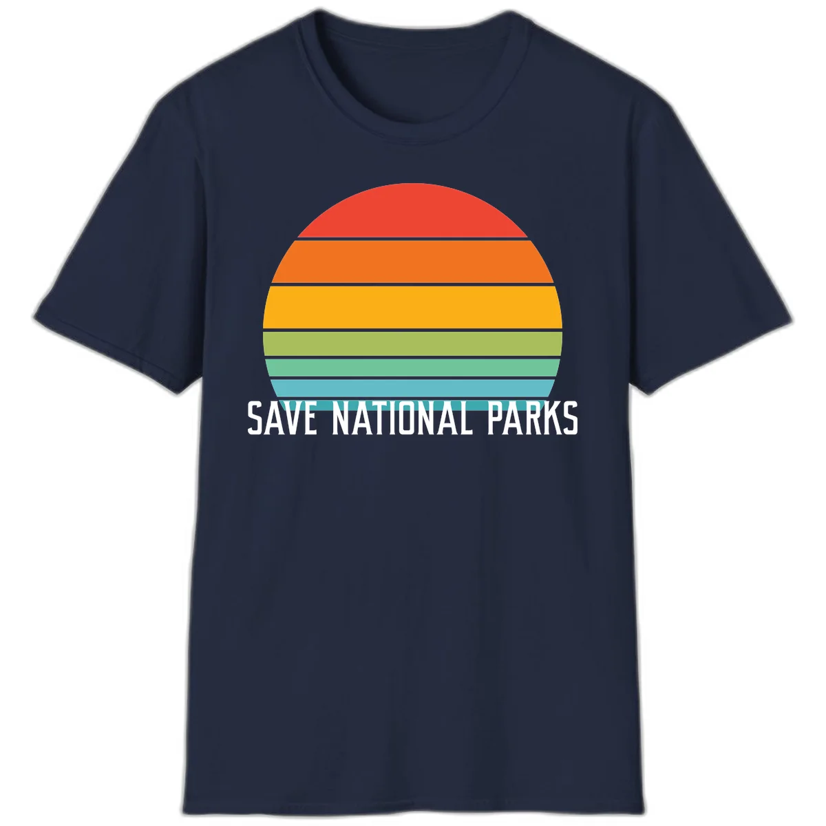 Retro layered sunset design with save national parks text in white, featuring horizontal color bands in red, orange, yellow, green, and blue. in Navy