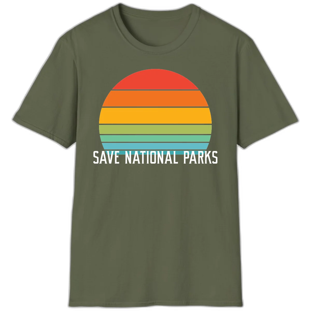 Retro layered sunset design with save national parks text in white, featuring horizontal color bands in red, orange, yellow, green, and blue. in Military Green