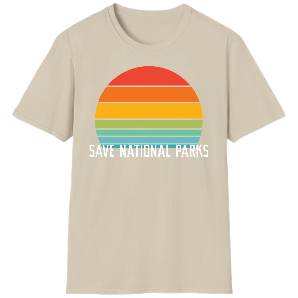 Retro layered sunset design with save national parks text in white, featuring horizontal color bands in red, orange, yellow, green, and blue. in Sand