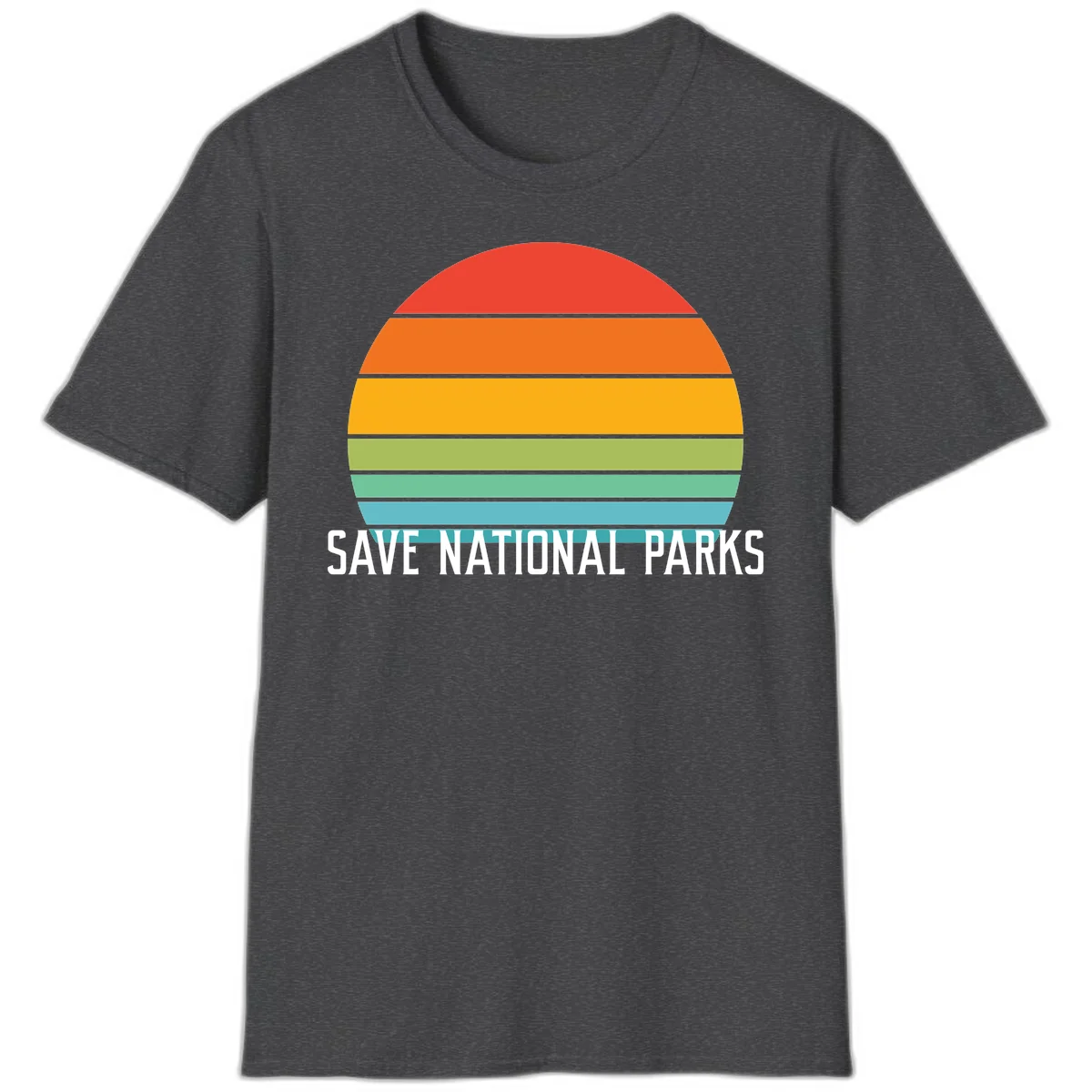 Retro layered sunset design with save national parks text in white, featuring horizontal color bands in red, orange, yellow, green, and blue. in Dark Heather