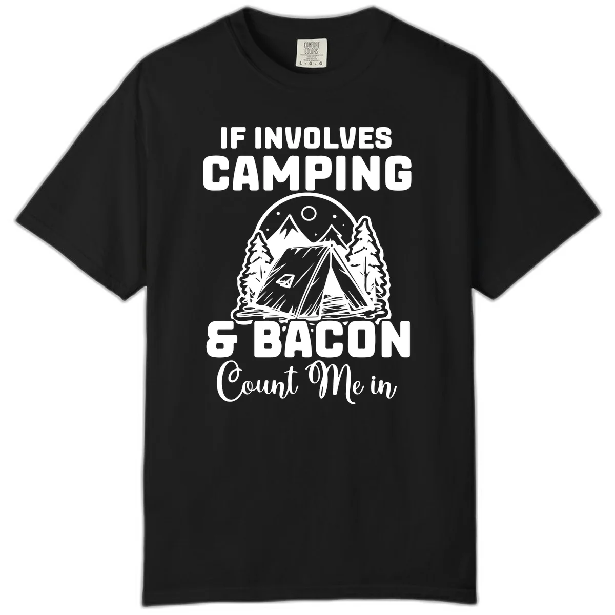 Camping and bacon design with tent, mountains, trees, and humorous text about counting bacon in on camping trips in Black