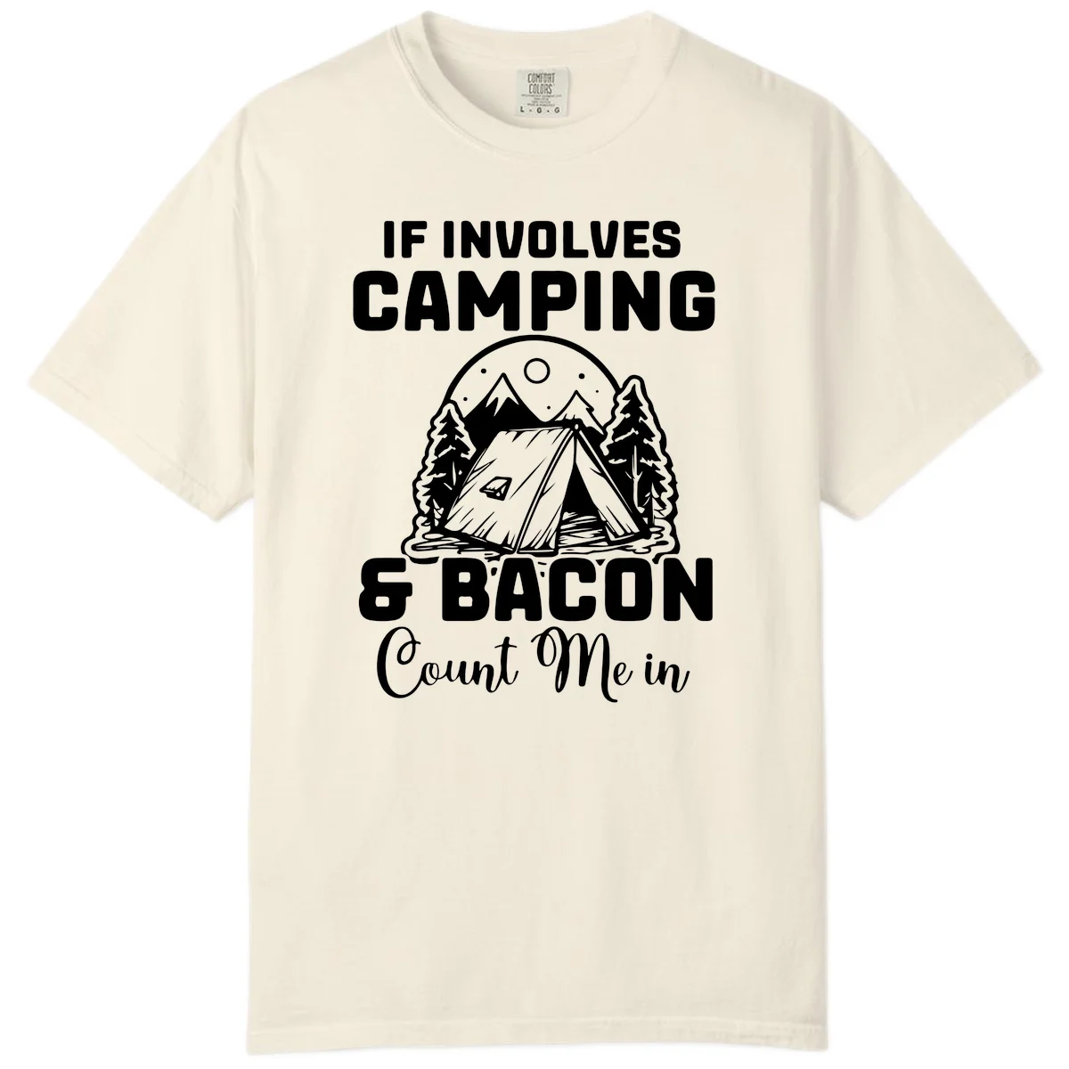 Camping and bacon design with tent, mountains, trees, and humorous text about counting bacon in on camping trips in Ivory