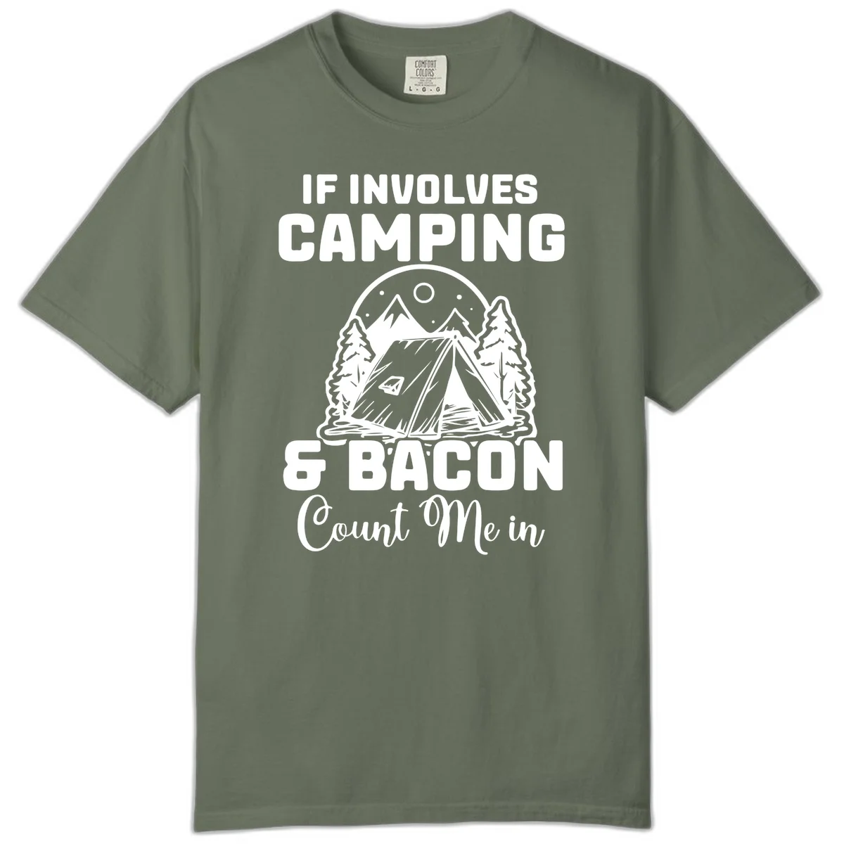 Camping and bacon design with tent, mountains, trees, and humorous text about counting bacon in on camping trips in Moss