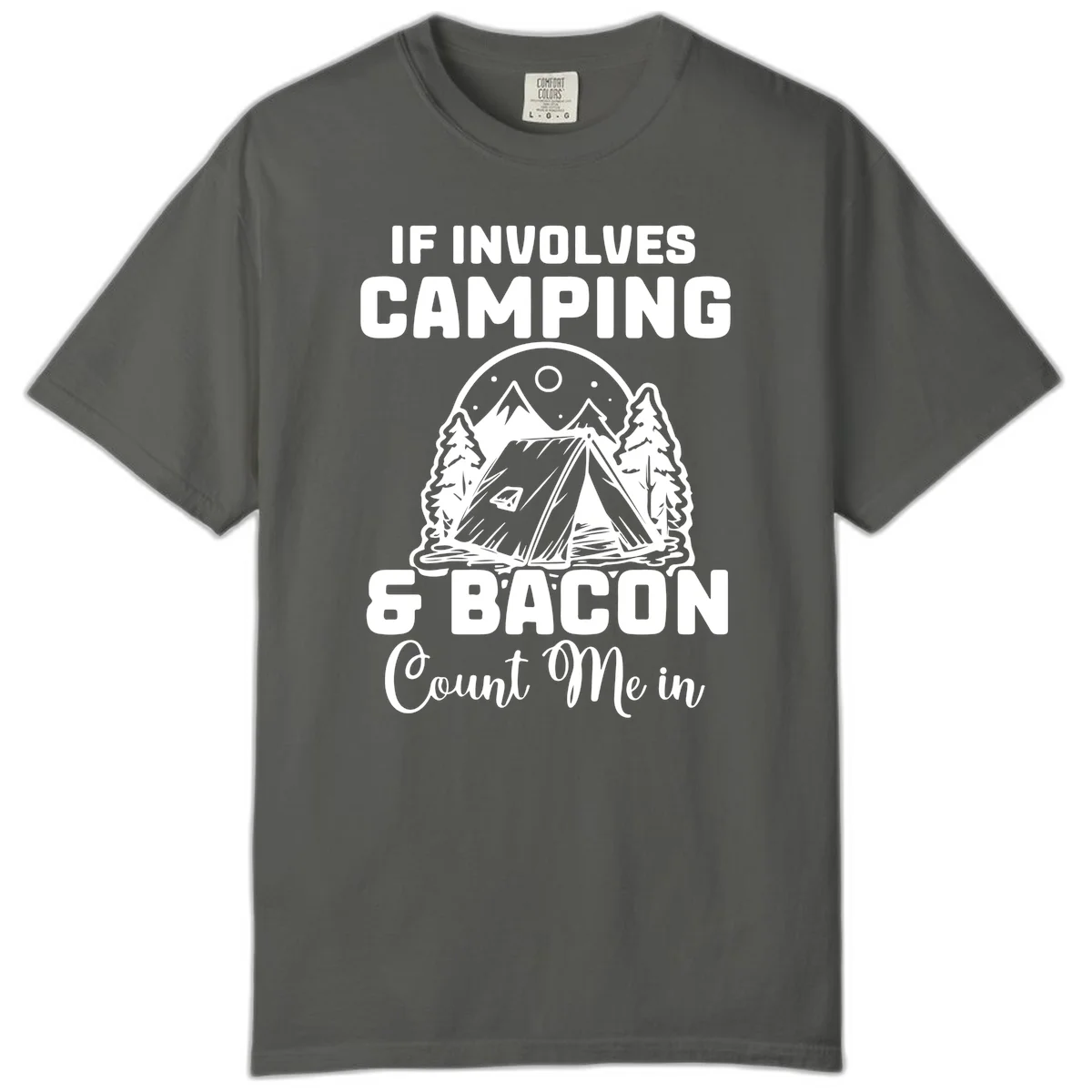 Camping and bacon design with tent, mountains, trees, and humorous text about counting bacon in on camping trips in Pepper