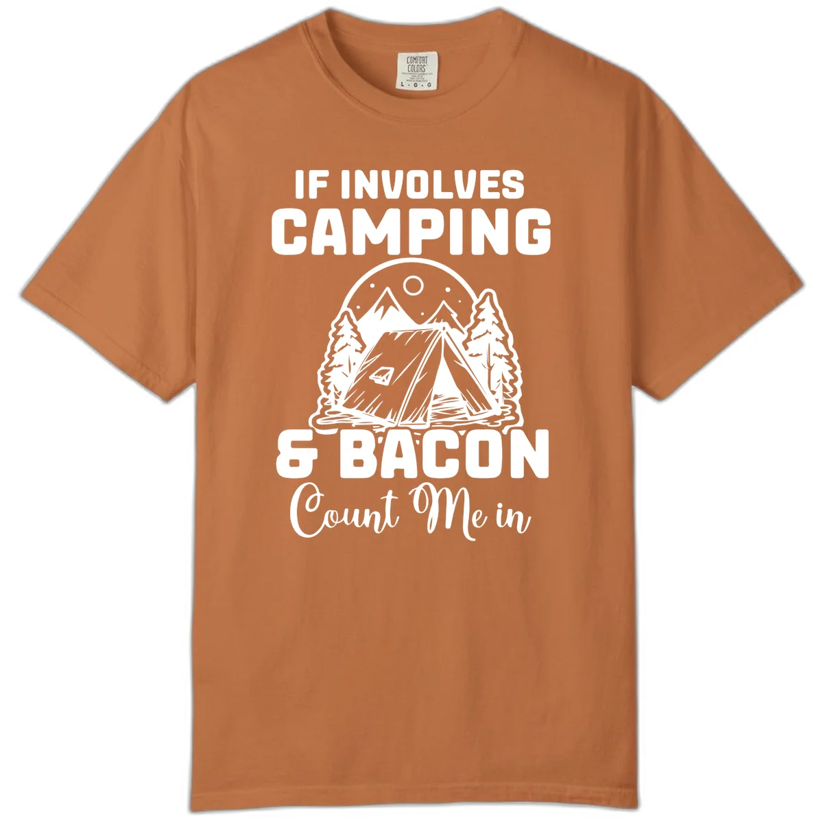 Camping and bacon design with tent, mountains, trees, and humorous text about counting bacon in on camping trips in Yam