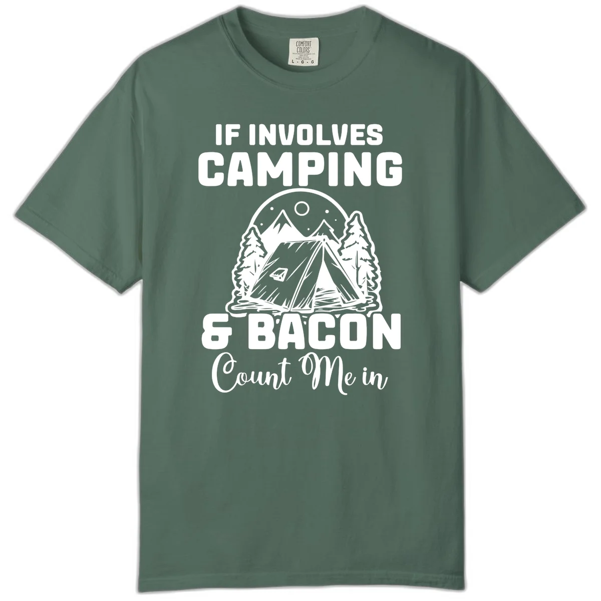 Camping and bacon design with tent, mountains, trees, and humorous text about counting bacon in on camping trips in Blue Spruce
