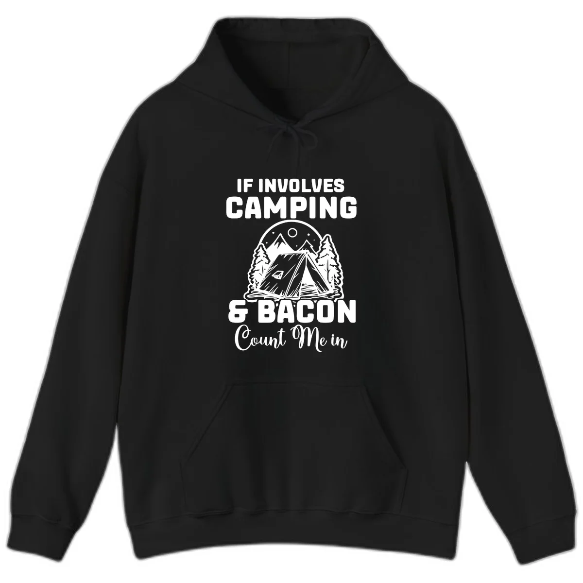 Camping and bacon design with tent, mountains, trees, and humorous text about counting bacon in on camping trips in Black