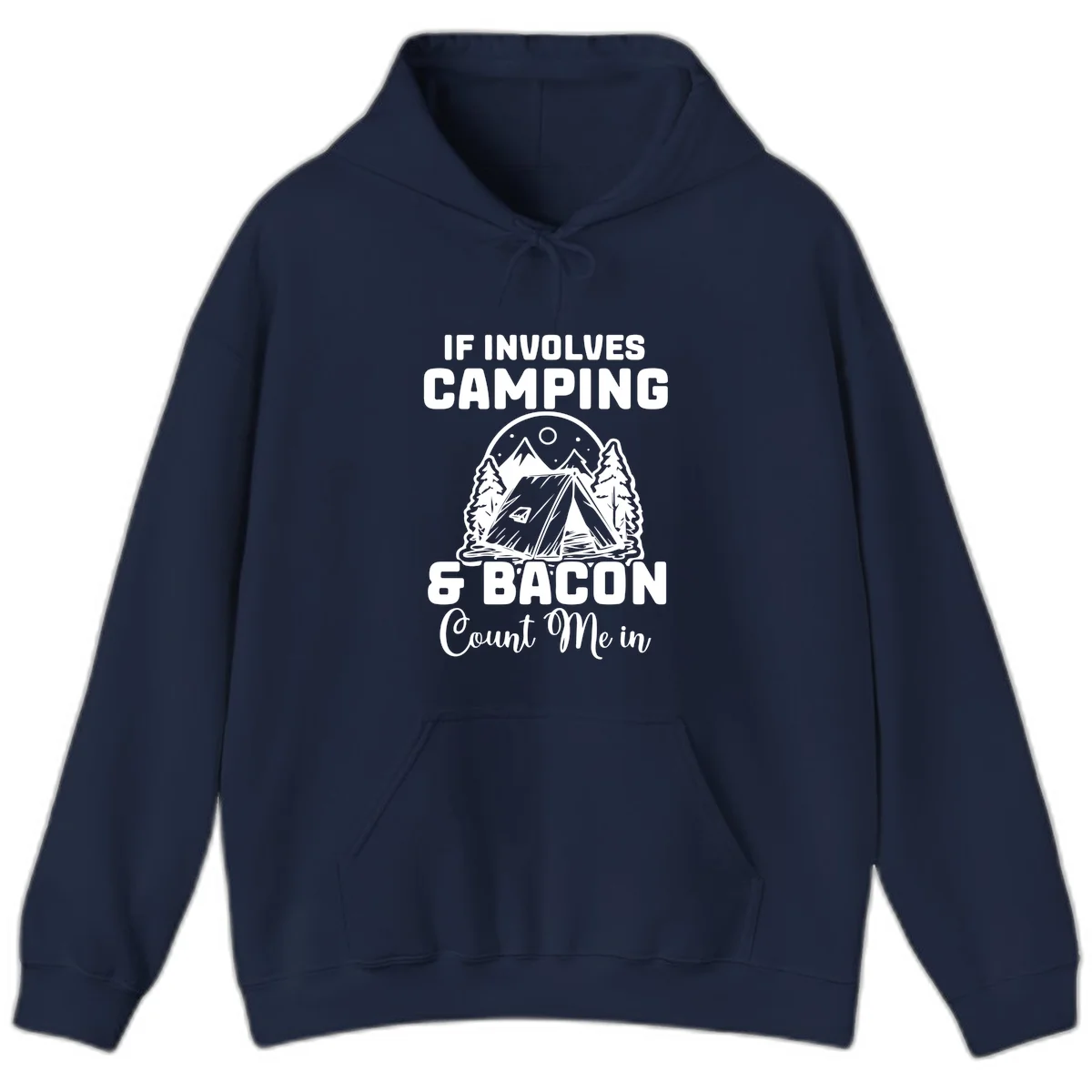 Camping and bacon design with tent, mountains, trees, and humorous text about counting bacon in on camping trips in Navy