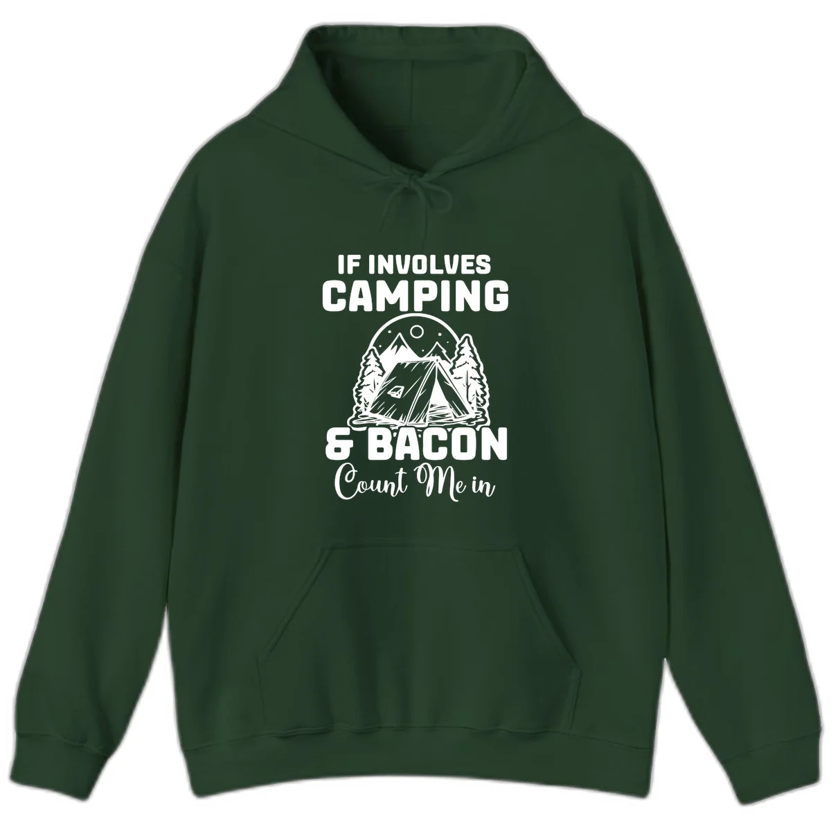 Camping and bacon design with tent, mountains, trees, and humorous text about counting bacon in on camping trips in Forest Green