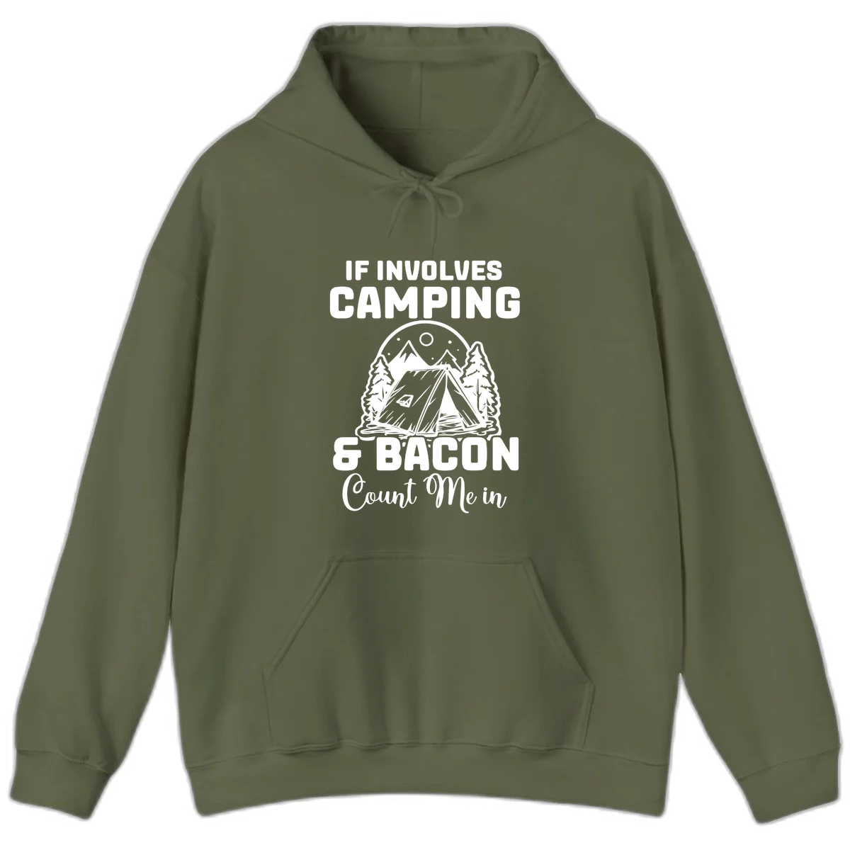 Camping and bacon design with tent, mountains, trees, and humorous text about counting bacon in on camping trips in Military Green