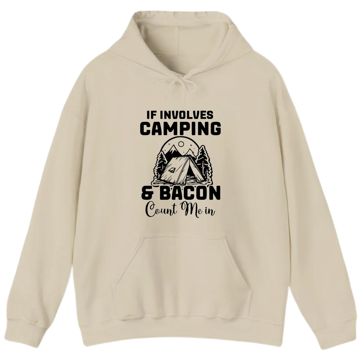 Camping and bacon design with tent, mountains, trees, and humorous text about counting bacon in on camping trips in Sand