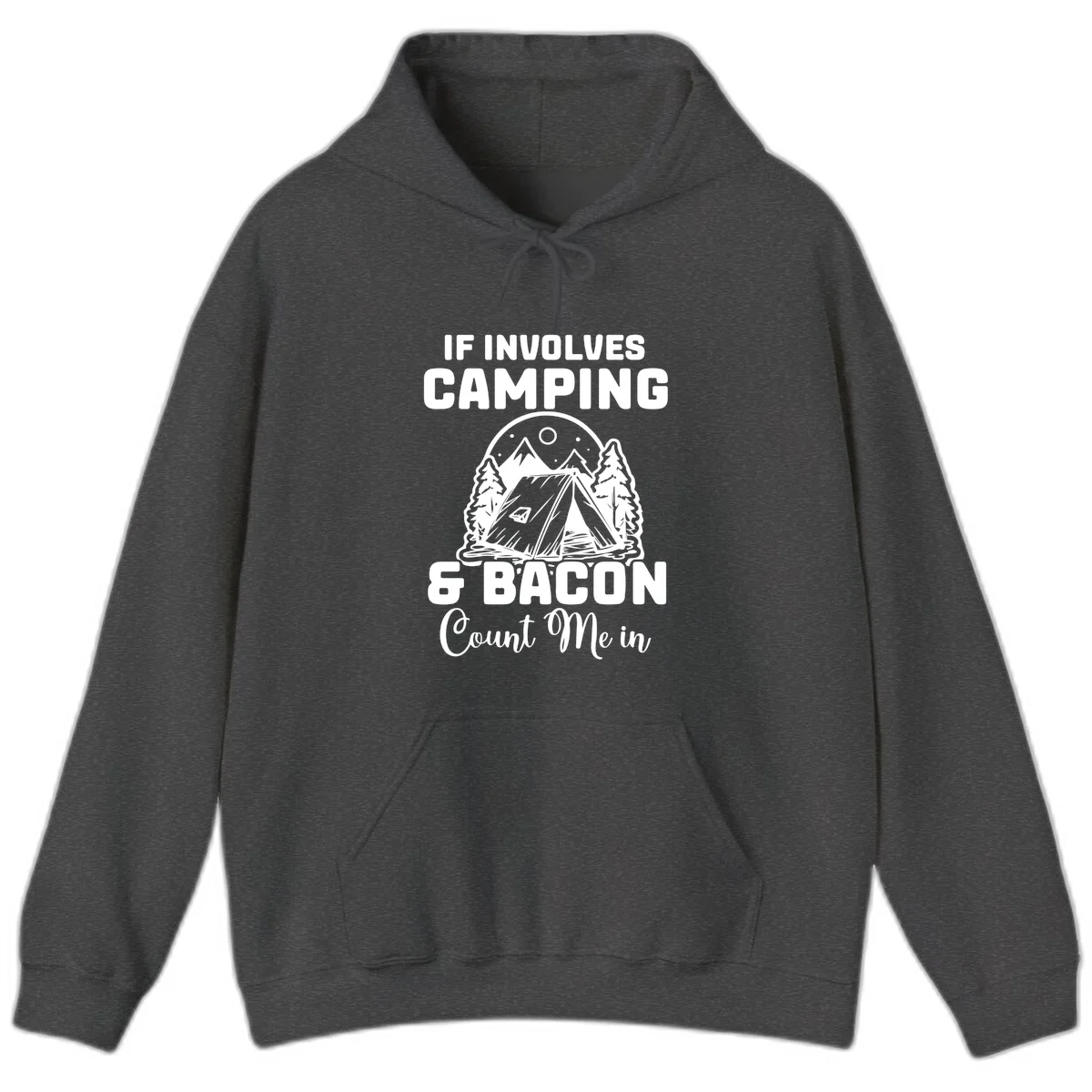 Camping and bacon design with tent, mountains, trees, and humorous text about counting bacon in on camping trips in Dark Heather