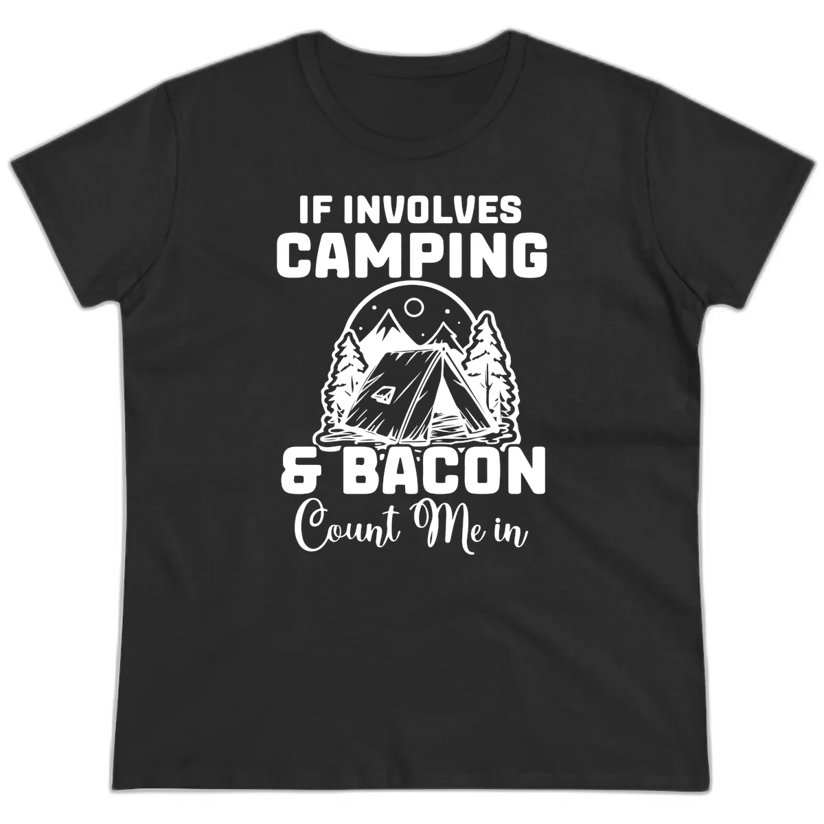Camping and bacon design with tent, mountains, trees, and humorous text about counting bacon in on camping trips in Black