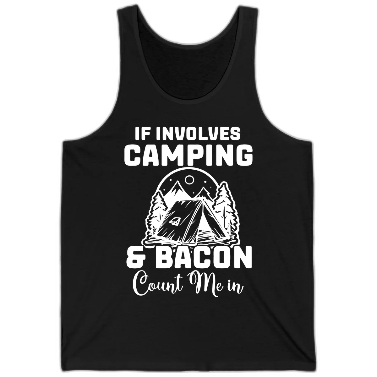 Camping and bacon design with tent, mountains, trees, and humorous text about counting bacon in on camping trips in Black