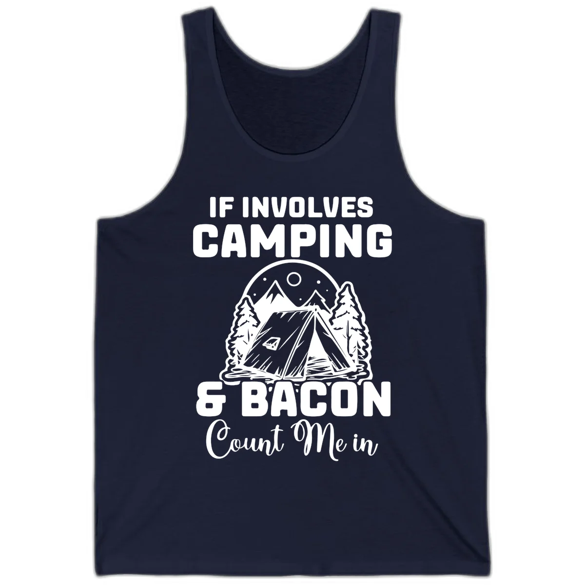 Camping and bacon design with tent, mountains, trees, and humorous text about counting bacon in on camping trips in Navy