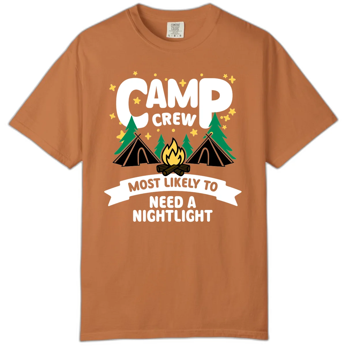 Camp crew campfire design with teepees, trees, and text reading 'Most Likely To Need A Nightlight' in Yam