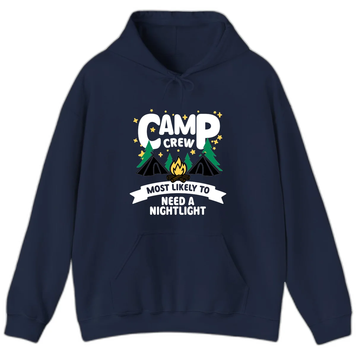 Camp crew campfire design with teepees, trees, and text reading 'Most Likely To Need A Nightlight' in Navy