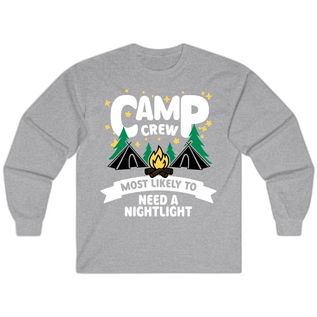 Camp crew campfire design with teepees, trees, and text reading 'Most Likely To Need A Nightlight' in Sport Grey