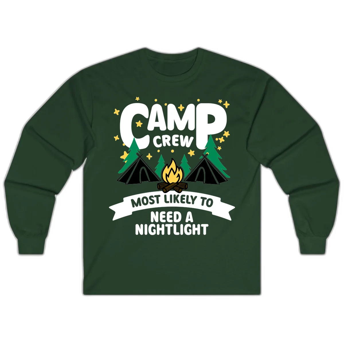Camp crew campfire design with teepees, trees, and text reading 'Most Likely To Need A Nightlight' in Forest Green