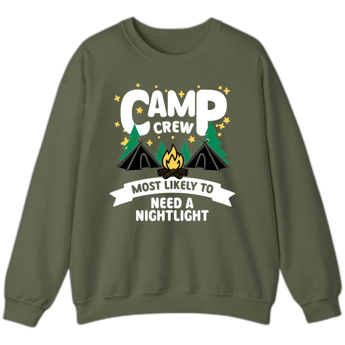 Camp crew campfire design with teepees, trees, and text reading 'Most Likely To Need A Nightlight' in Military Green