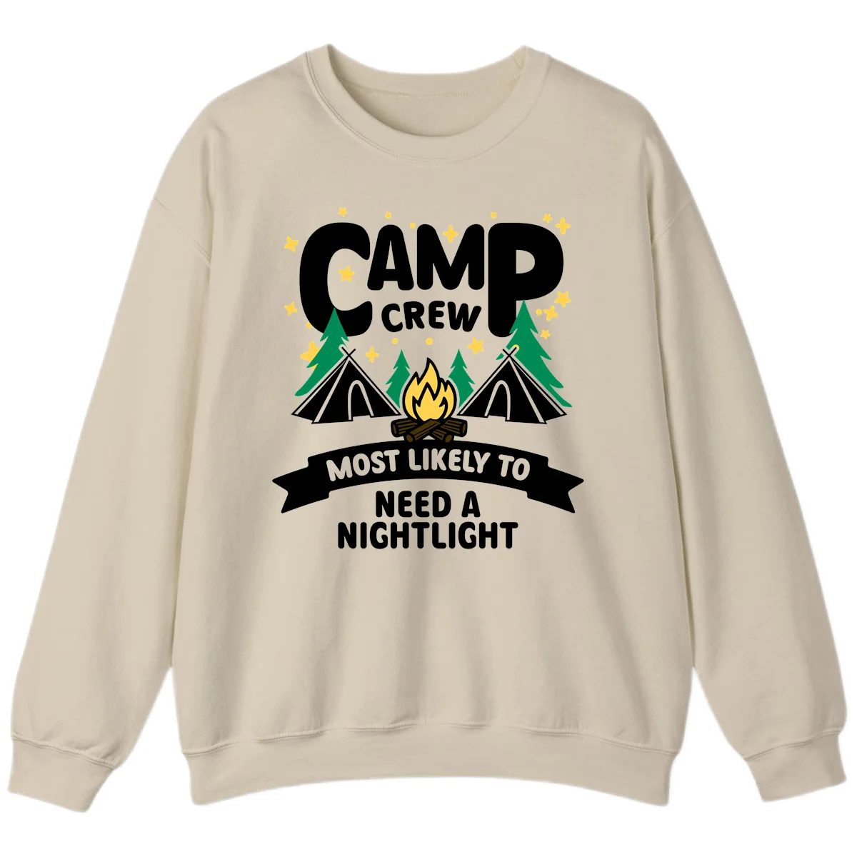 Camp crew campfire design with teepees, trees, and text reading 'Most Likely To Need A Nightlight' in Sand