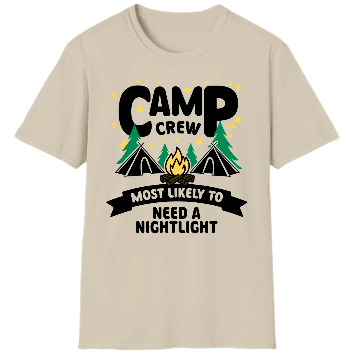 Camp crew campfire design with teepees, trees, and text reading 'Most Likely To Need A Nightlight' in Sand