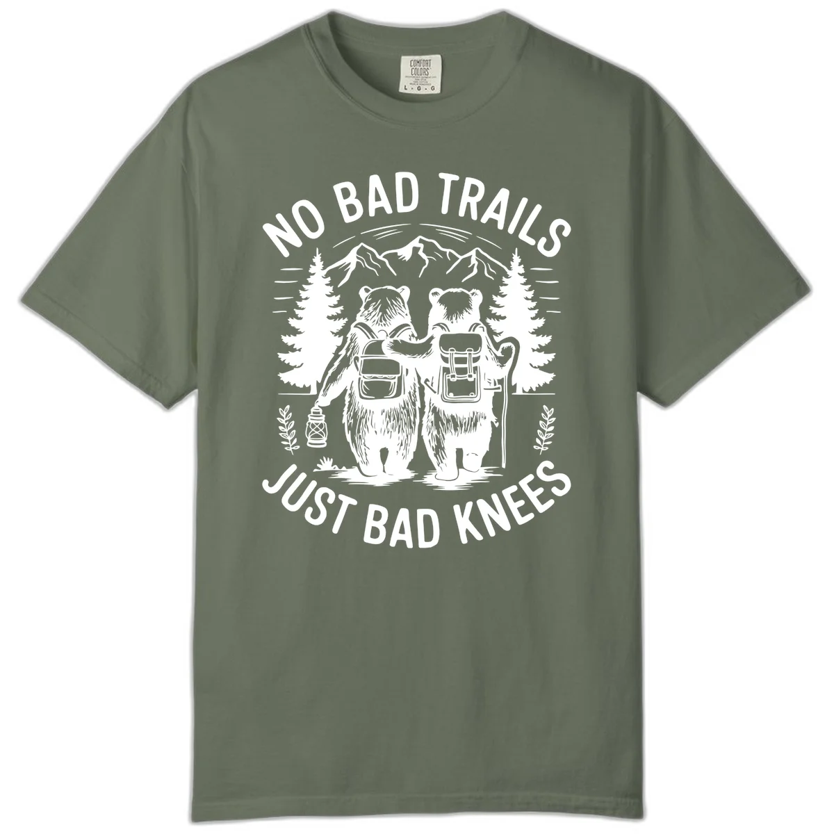 Two cartoon bears with backpacks hiking in mountains with text 'No Bad Trails Just Bad Knees' - humorous outdoor camping design in Moss