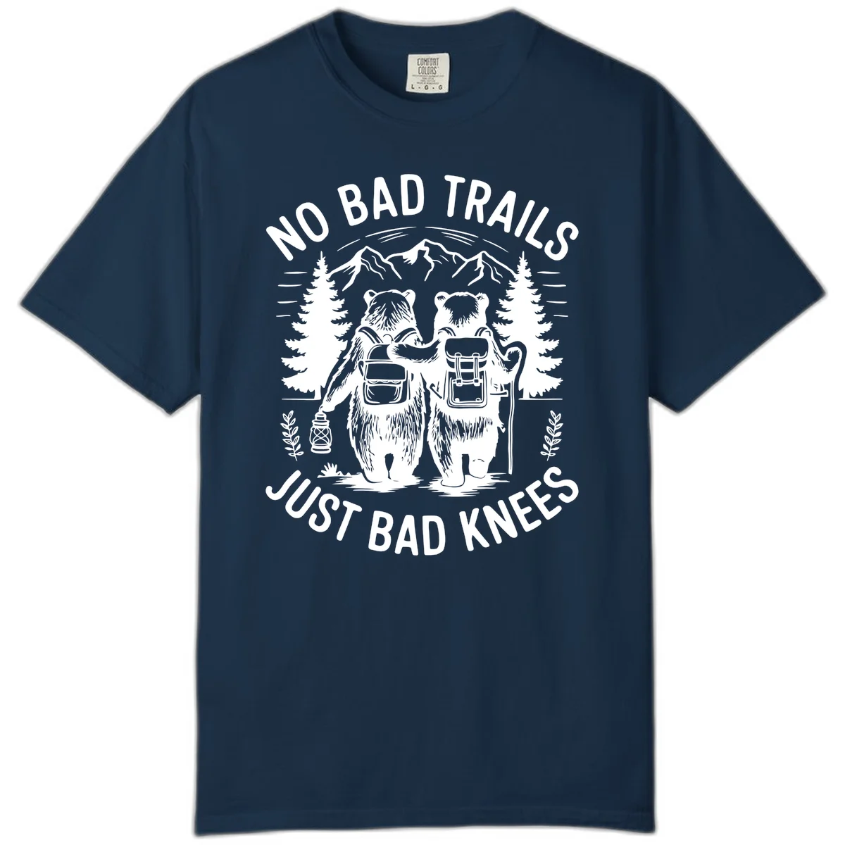 Two cartoon bears with backpacks hiking in mountains with text 'No Bad Trails Just Bad Knees' - humorous outdoor camping design in True Navy