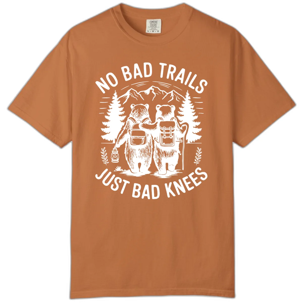 Two cartoon bears with backpacks hiking in mountains with text 'No Bad Trails Just Bad Knees' - humorous outdoor camping design in Yam