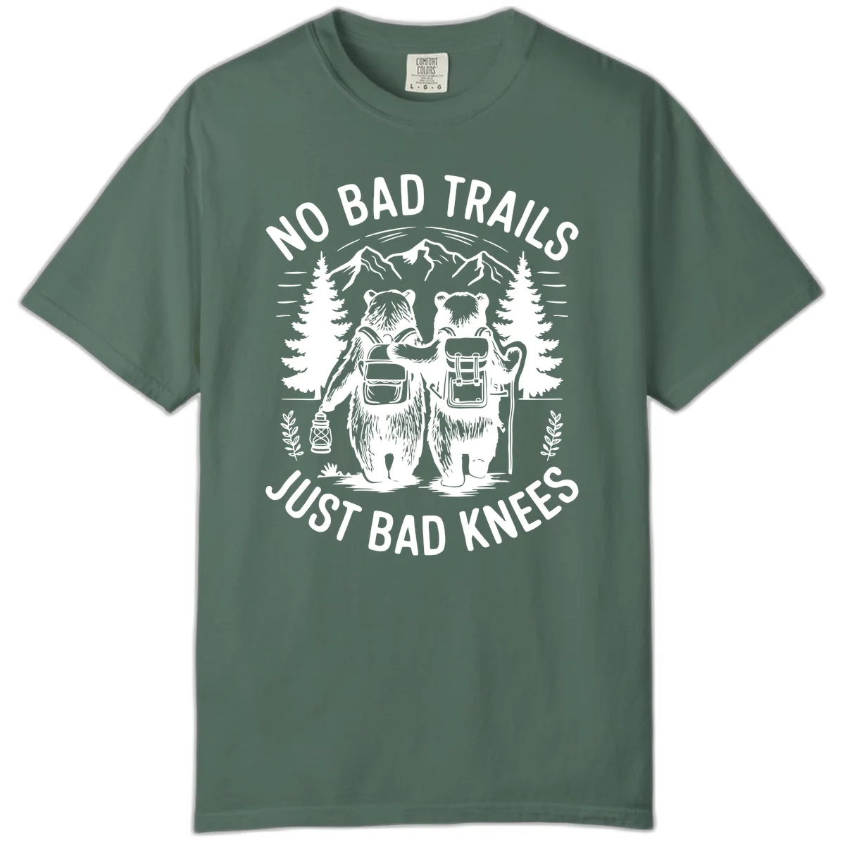 Two cartoon bears with backpacks hiking in mountains with text 'No Bad Trails Just Bad Knees' - humorous outdoor camping design in Blue Spruce
