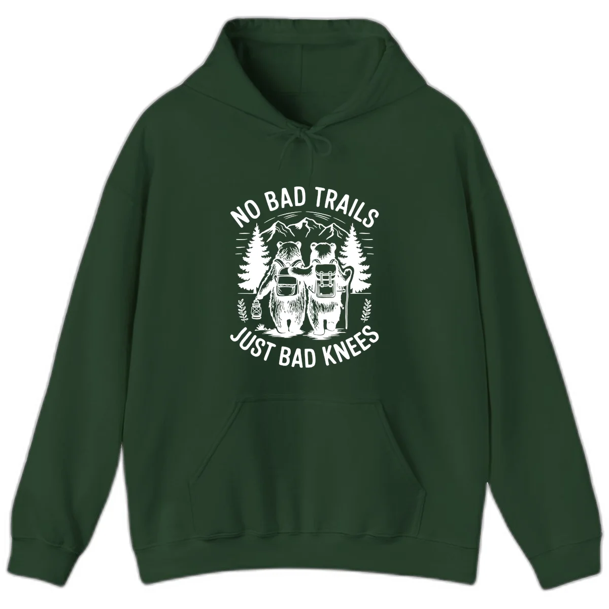 Two cartoon bears with backpacks hiking in mountains with text 'No Bad Trails Just Bad Knees' - humorous outdoor camping design in Forest Green