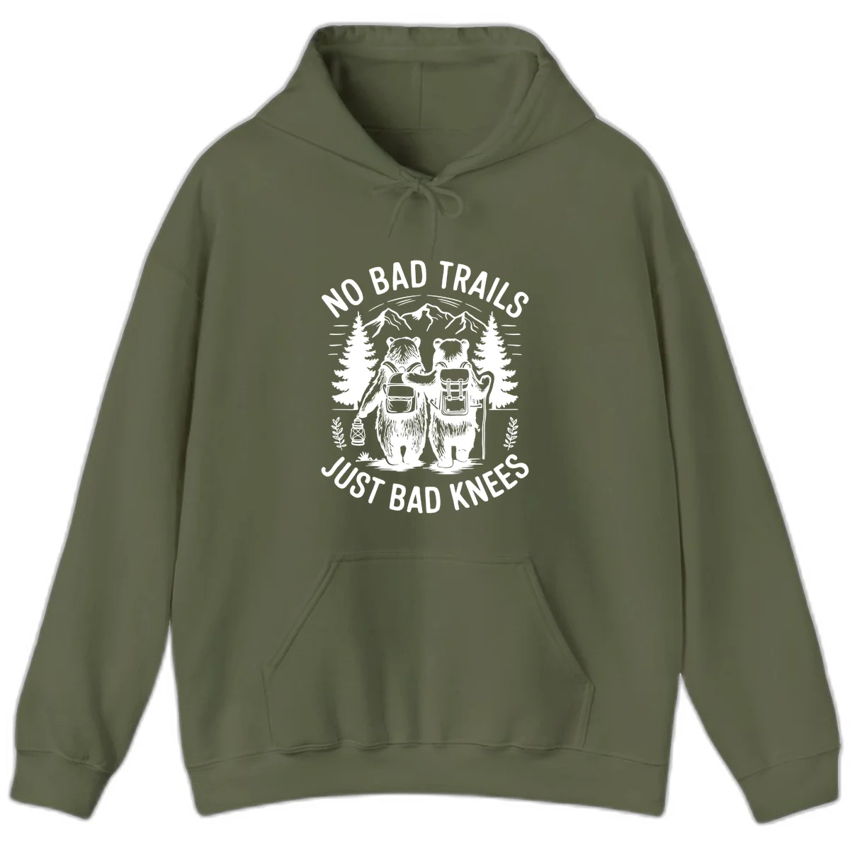 Two cartoon bears with backpacks hiking in mountains with text 'No Bad Trails Just Bad Knees' - humorous outdoor camping design in Military Green