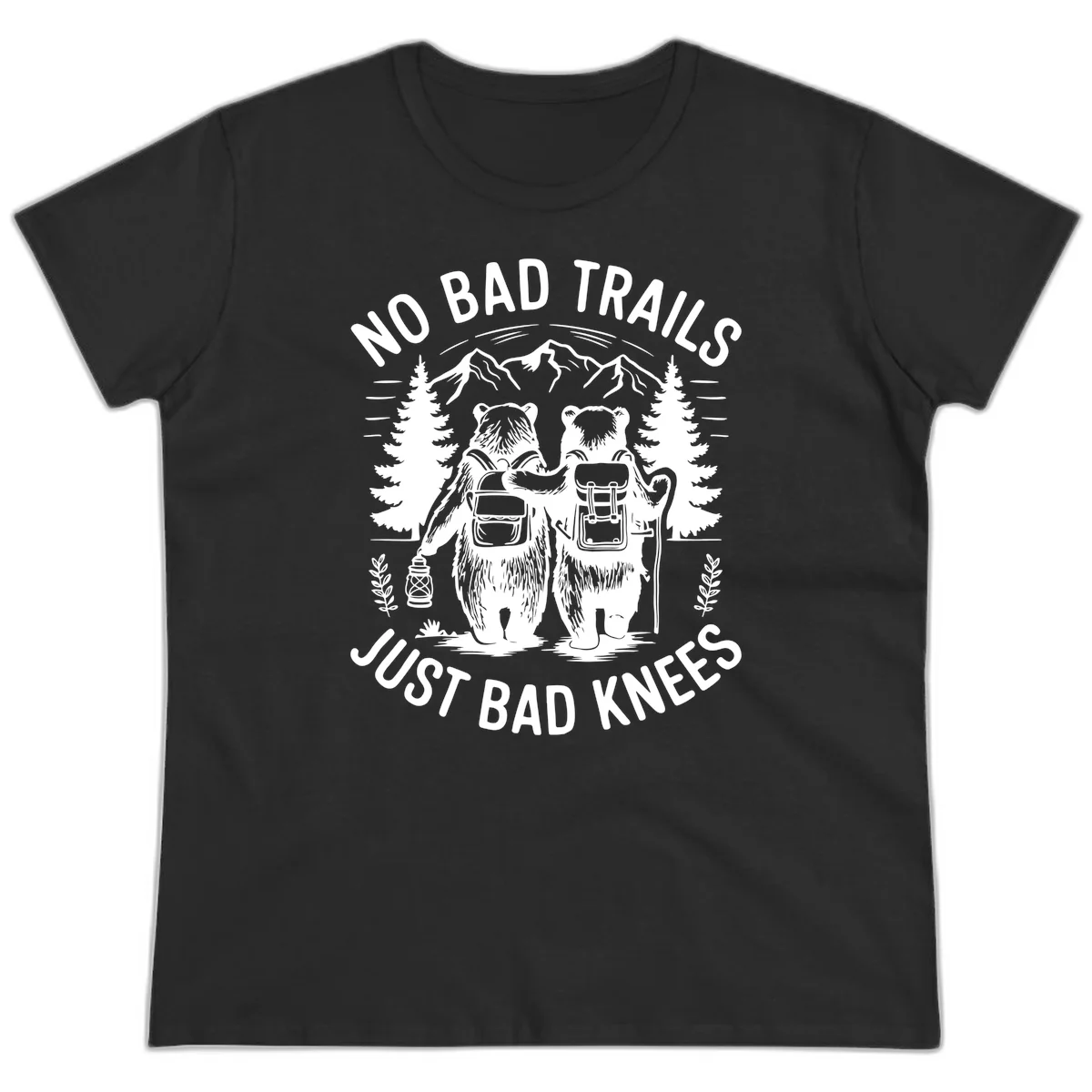 Two cartoon bears with backpacks hiking in mountains with text 'No Bad Trails Just Bad Knees' - humorous outdoor camping design in Black