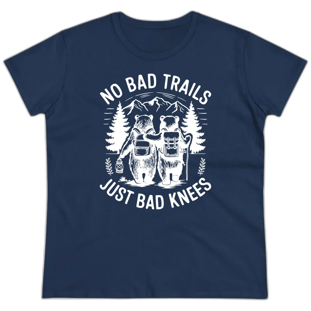 Two cartoon bears with backpacks hiking in mountains with text 'No Bad Trails Just Bad Knees' - humorous outdoor camping design in Navy